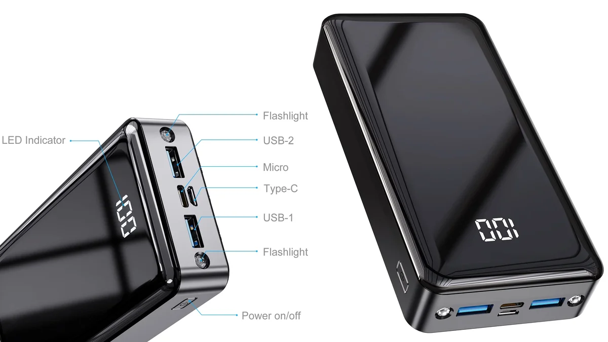 Batería USB 24000mAh con linterna - puertos USB-A + USB-C