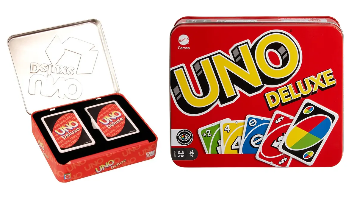 UNO Deluxe: Juego de 108 cartas en caja metálica