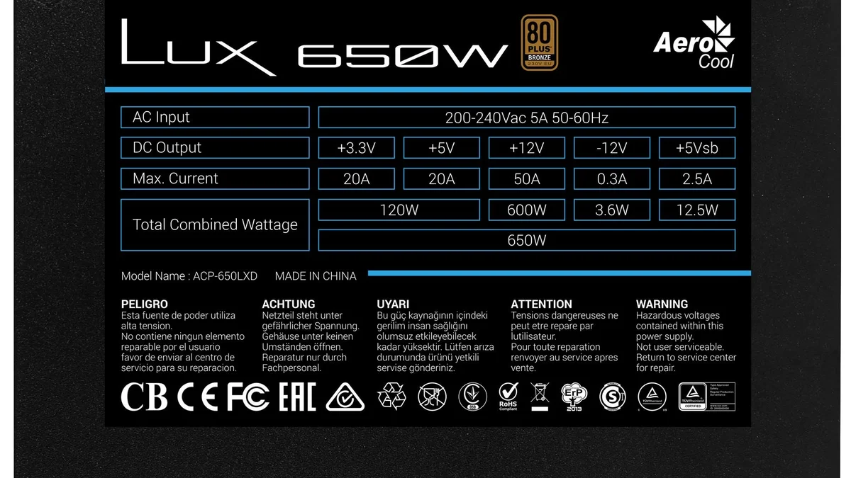 Fuente de alimentación Aerocool 650W 80 Plus Bronze - alta eficiencia 88% max.