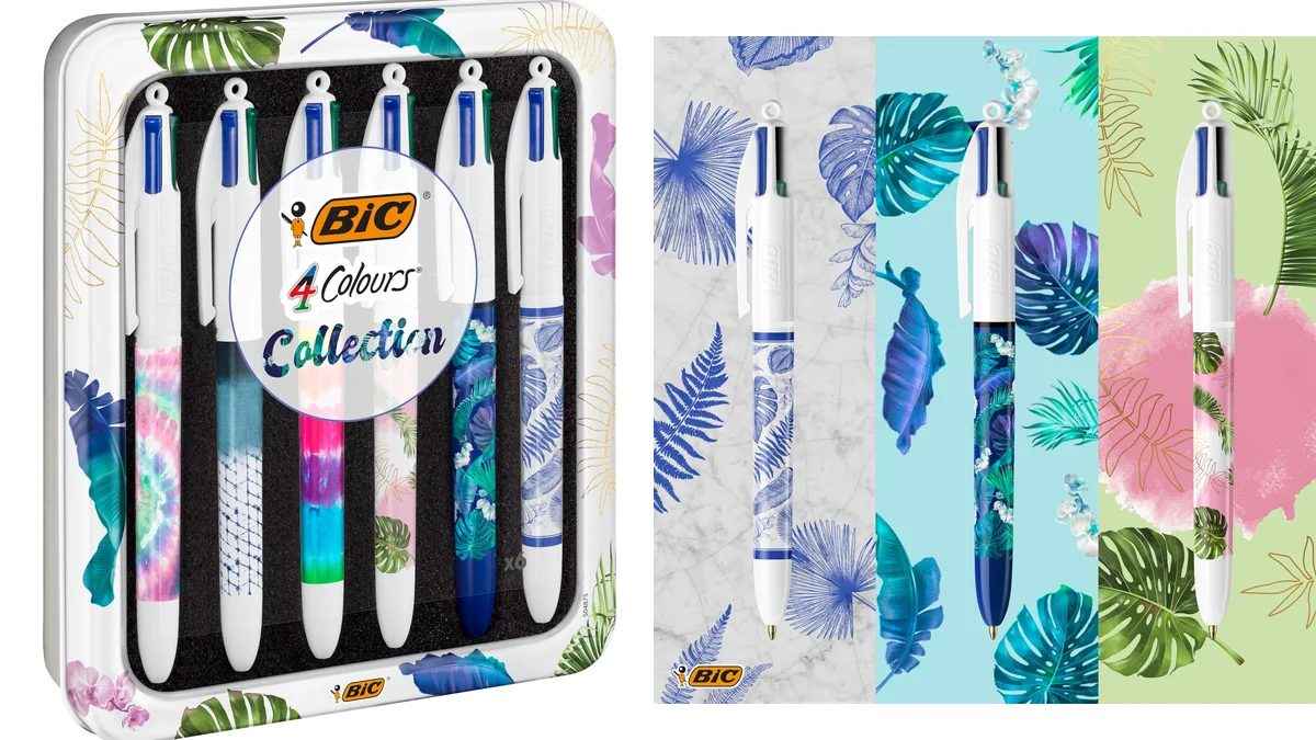 Caja metálica 6 Bolígrafos BIC de 4 Colores - Botánico / Tie Dye