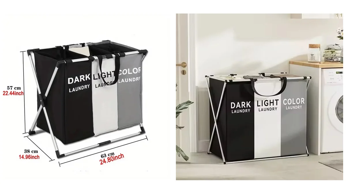 Cesto para ropa sucia con 3 compartimentos - plegable y lavable