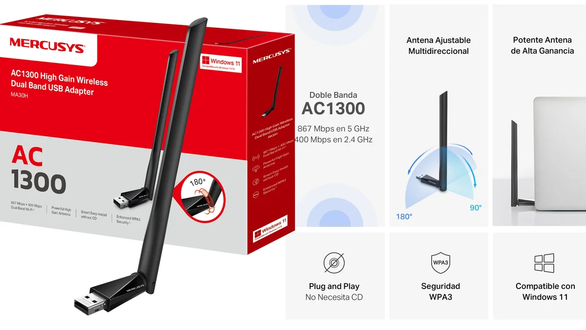 Adaptador WiFi AC1300 5GHz / 2.4GHz para Windows o Kernel +6.12 Linux