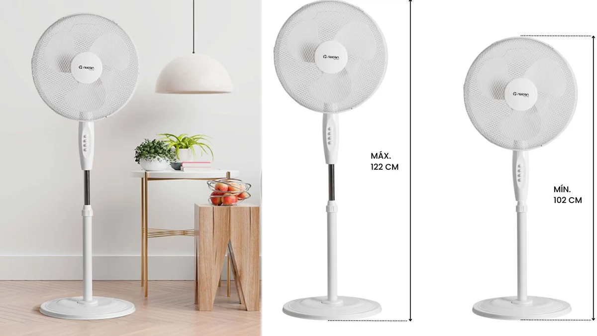 Ventilador de pie con base circular y altura ajustable