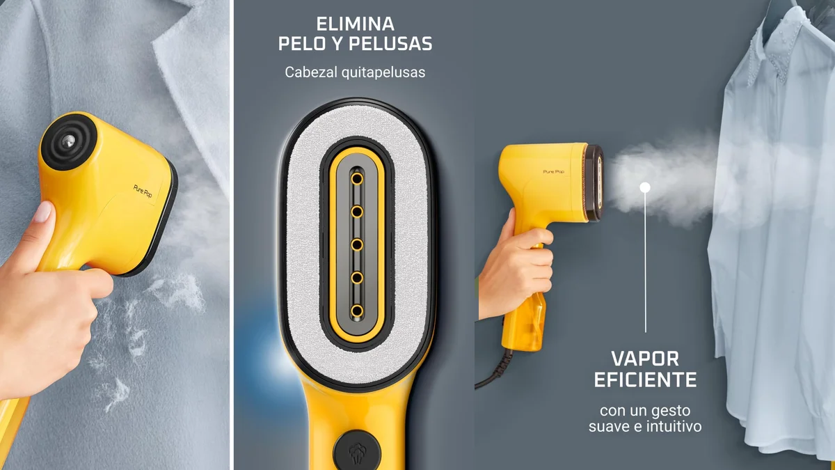 Plancha vertical Rowenta Pure Pop con cabezal quitapelusas