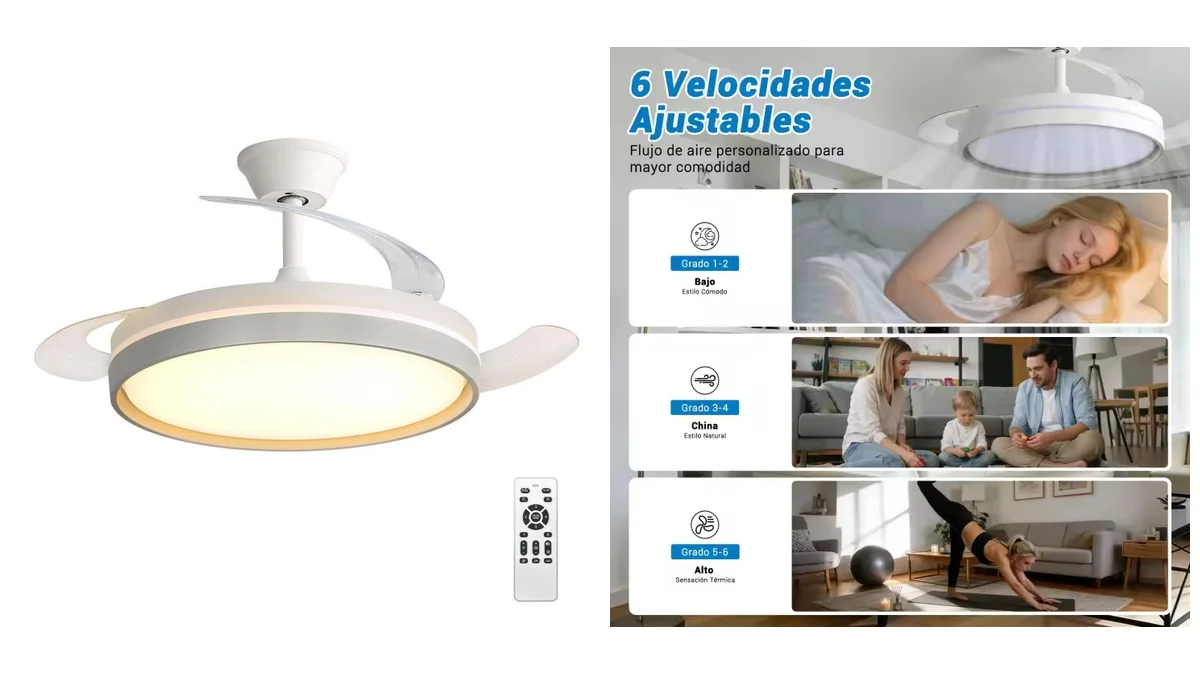 Lámpara ventilador con mando - tono ajustable - aspas plegables