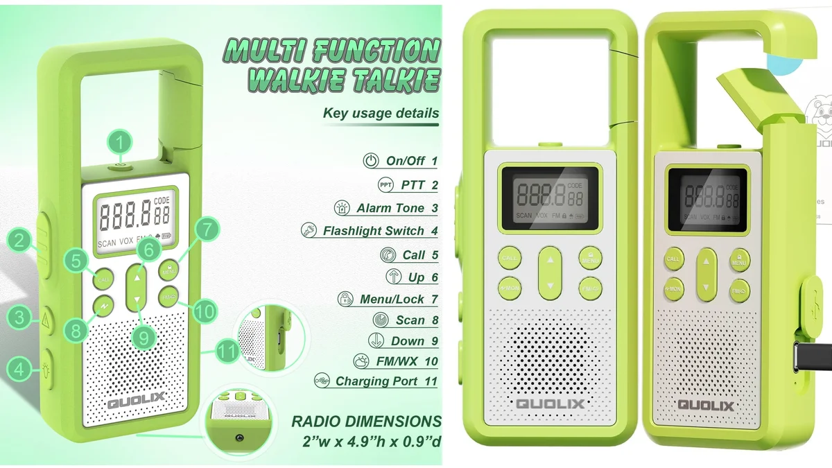 2 Walkie Talkies recargables con FM y antena en mosquetón