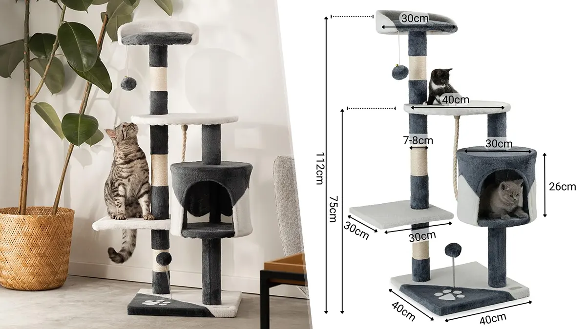 Árbol rascador para gatos con cueva y cama - 112cm de alto