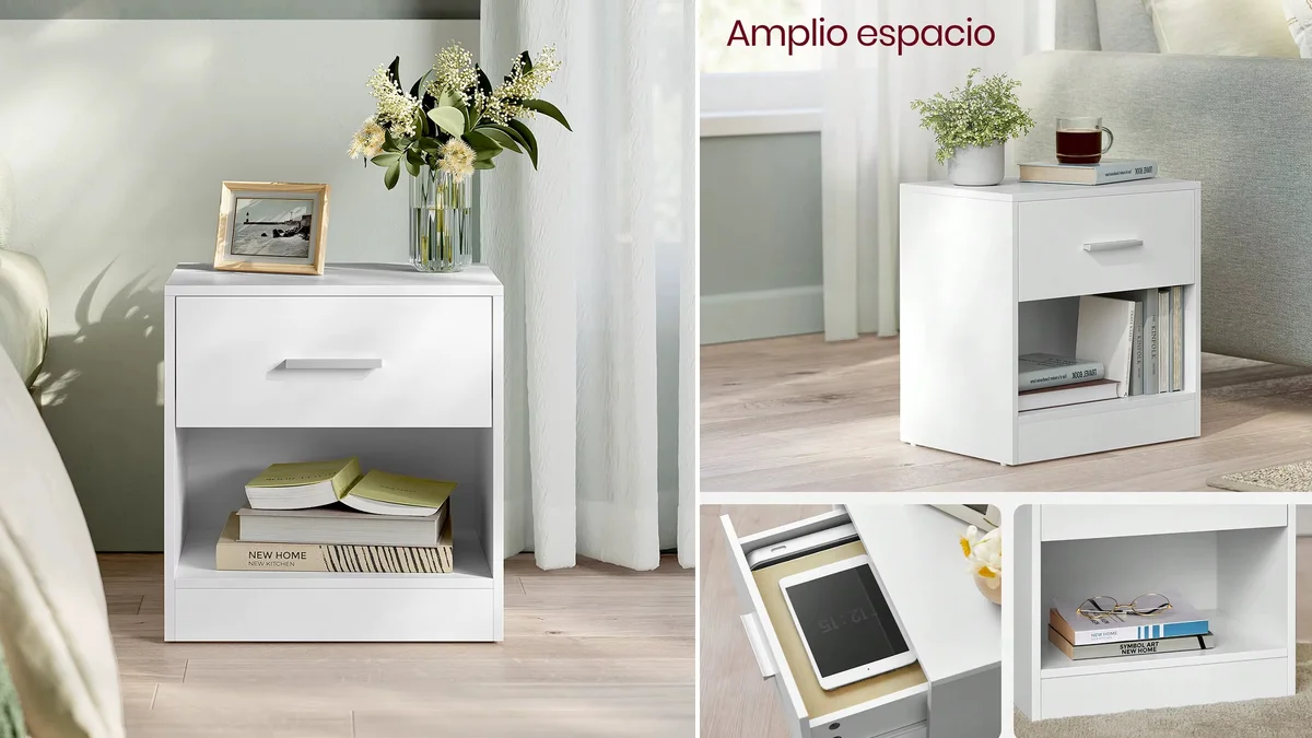 Mesita de noche bien hecha, con cajón con guías con ruedas
