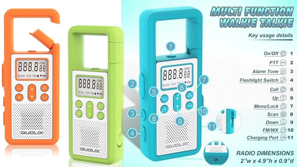 2 Walkie Talkies recargables con FM y antena en mosquetón