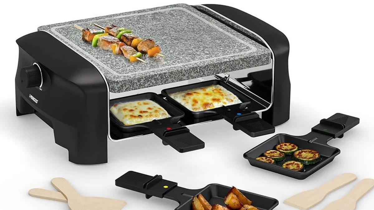 Raclette con grill de piedra, 4 sartenes y termostato regulable