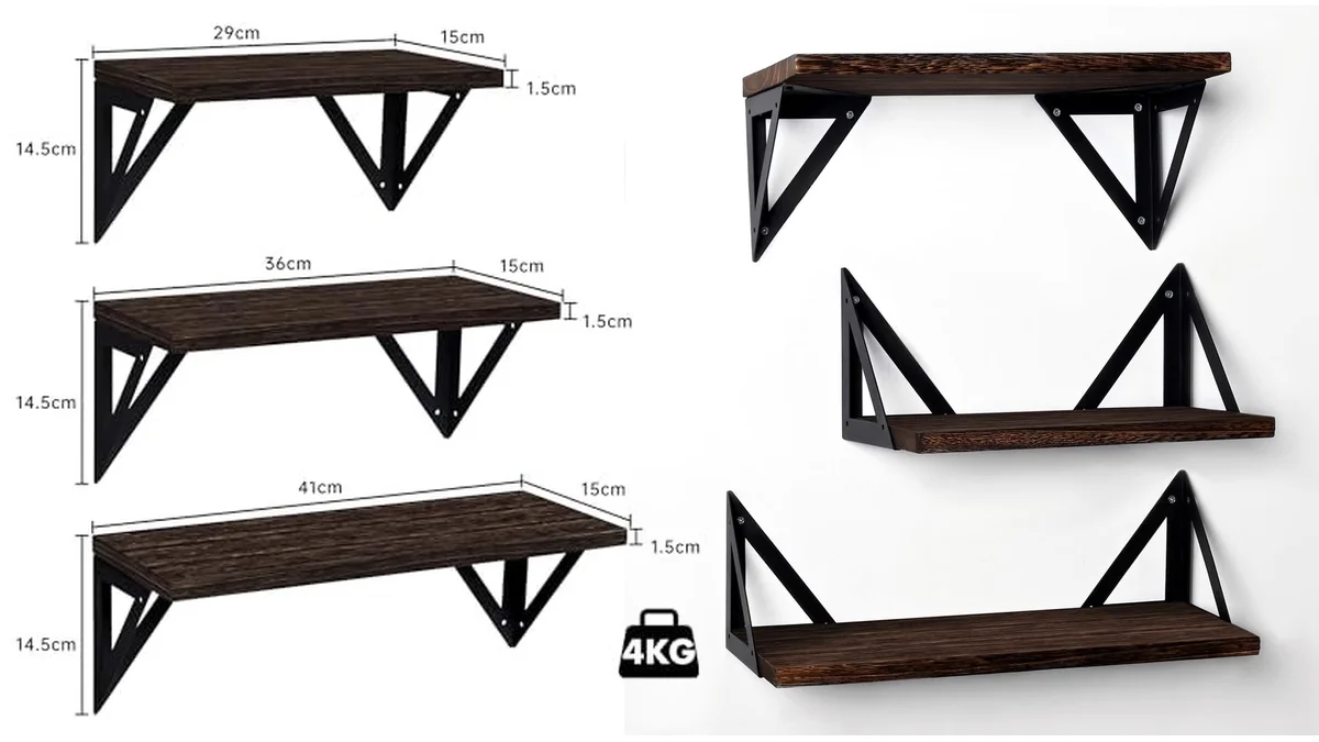3 baldas con soportes metálicos y tornillos incluidos