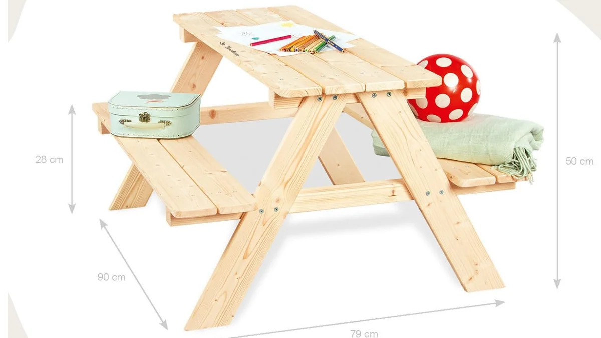 Banco con 4 asientos y mesa de madera para niños de hasta 6 años