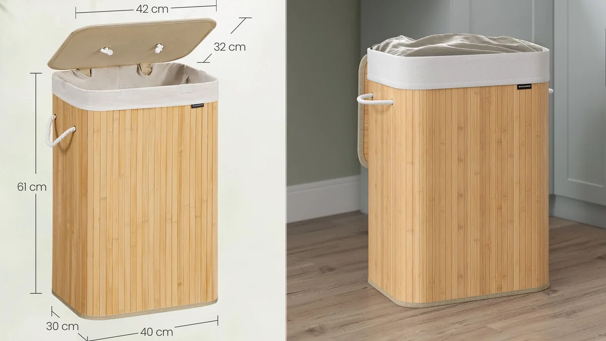 Cesto para ropa sucia de bambú 72L con bolsa interior lavable