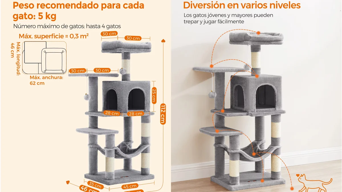 Árbol rascador para gatos con cueva, 3 rascadores y hamacas