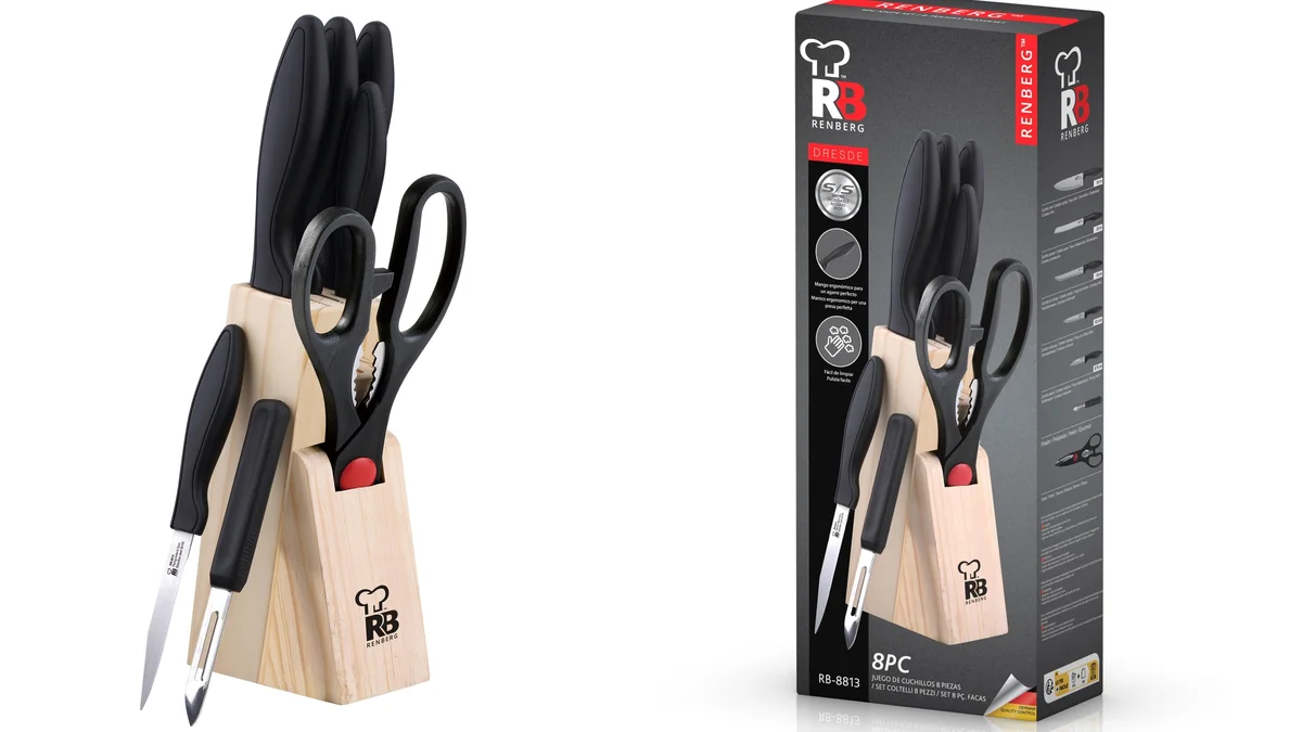 Set de 4 cuchillos + tijeras + pelador y soporte de madera