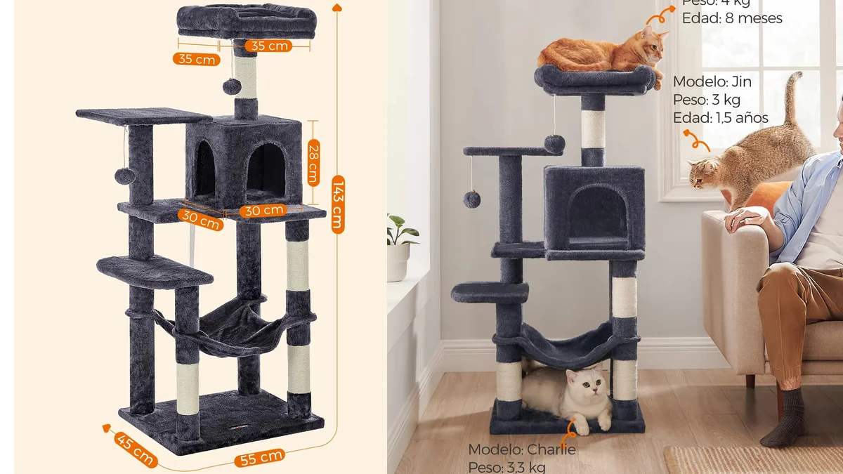 Árbol rascador para gatos con cueva, 3 rascadores y hamacas