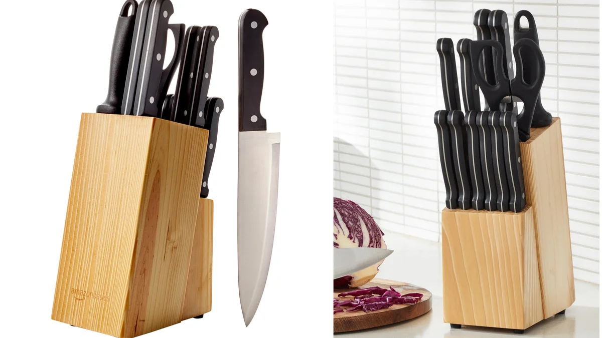 Juego de 11 cuchillos AmazonBasics + soporte + tijeras y afilador