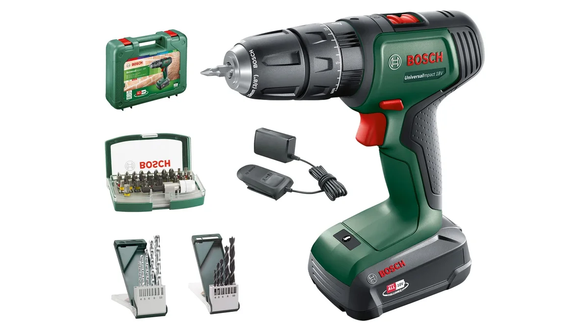 Taladro percutor inalámbrico Bosch + 31 puntas + 10 brocas