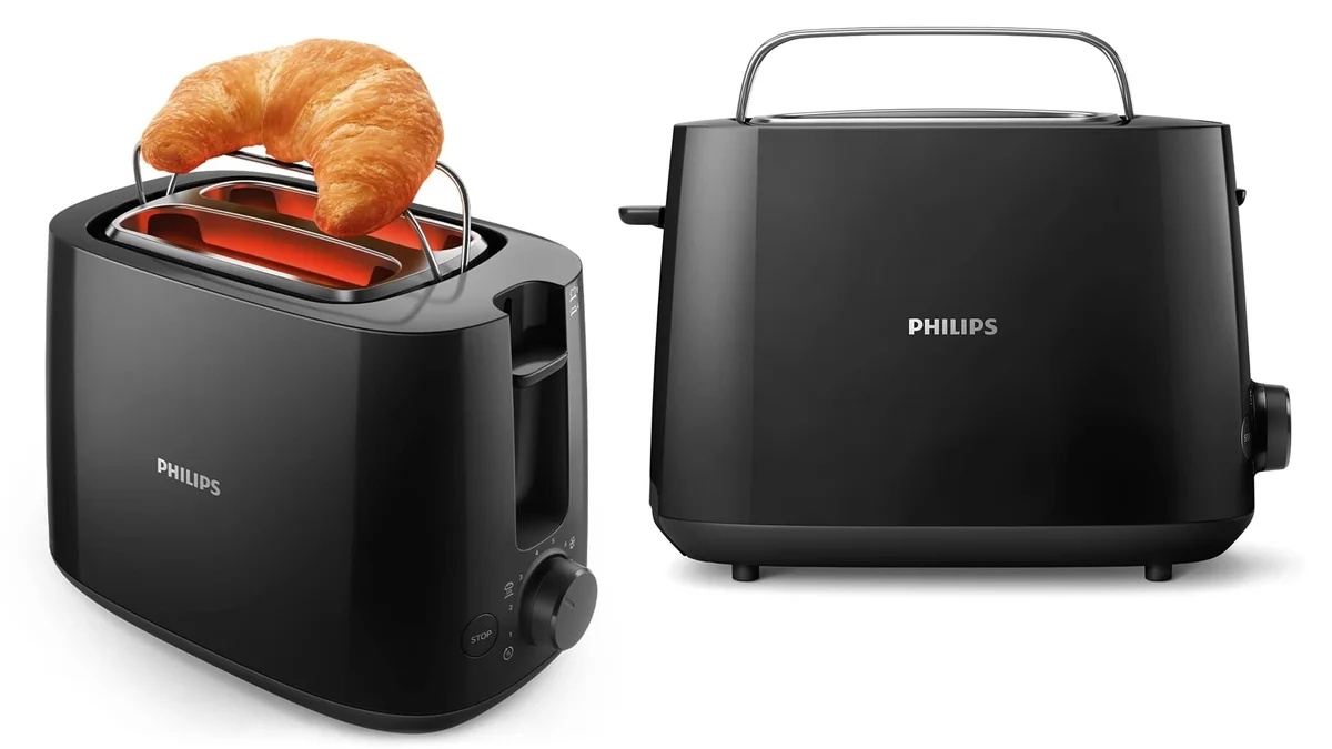 Tostadora Philips con 2 ranuras anchas y soporte para panecillos - 850W