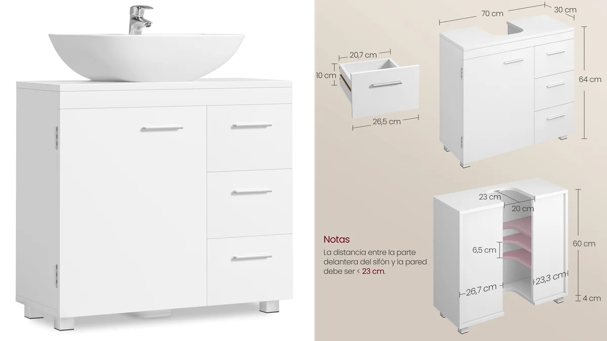 Mueble de 70cm de ancho para debajo del lavabo con estantería y cajones