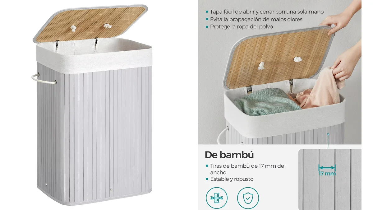 Cesto para ropa sucia de bambú 72L con bolsa interior lavable