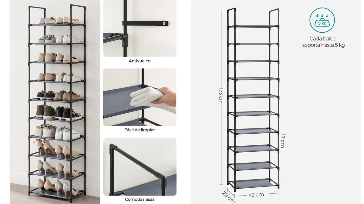 Zapatero modular con 10 baldas - 173cm x 45 x 28cm