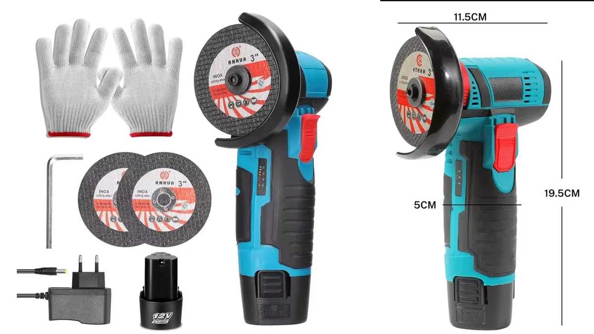 Mini amoladora inalámbrica + batería 12V, guantes y discos de 3"