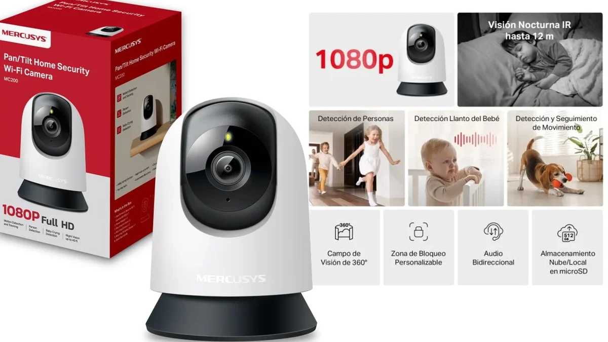 Cámara de vigilancia WiFi Mercusys MC200 1080p - giro 360° - visión nocturna