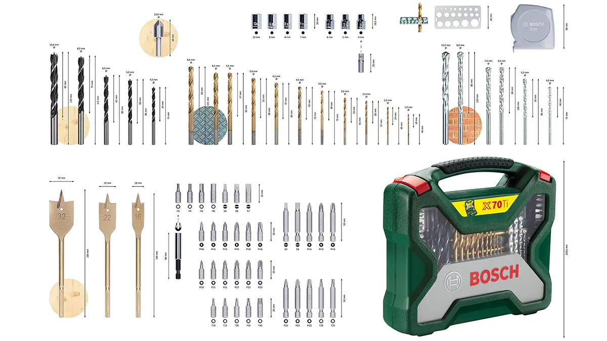 Kit 70 piezas: Maletín Bosch X-Line Titanio con brocas, puntas, vasos,  flexómetro
