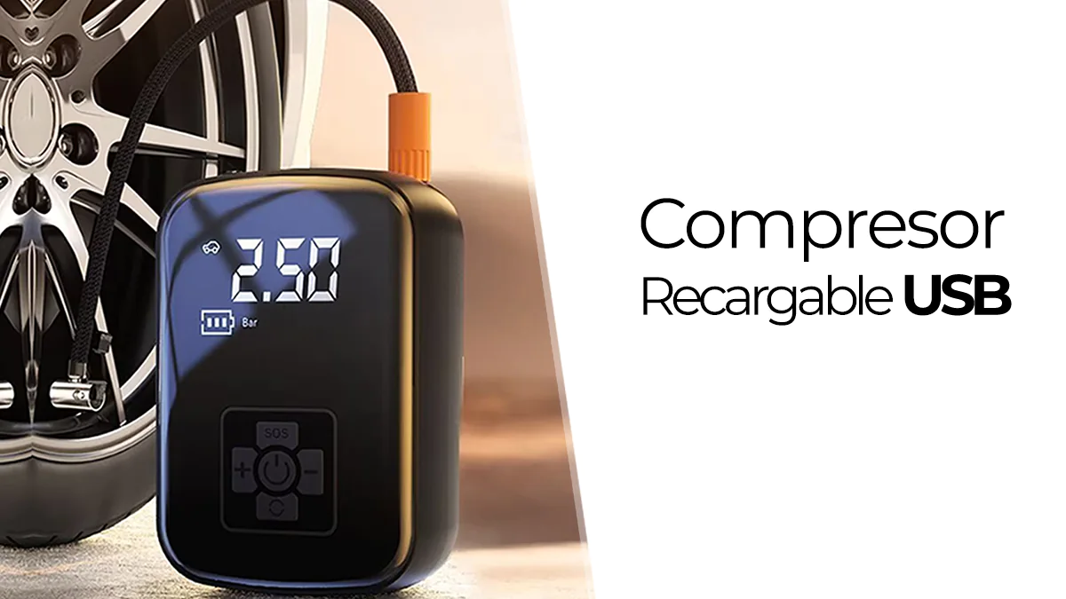Compresor de aire con batería recargable USB - control digital de presión
