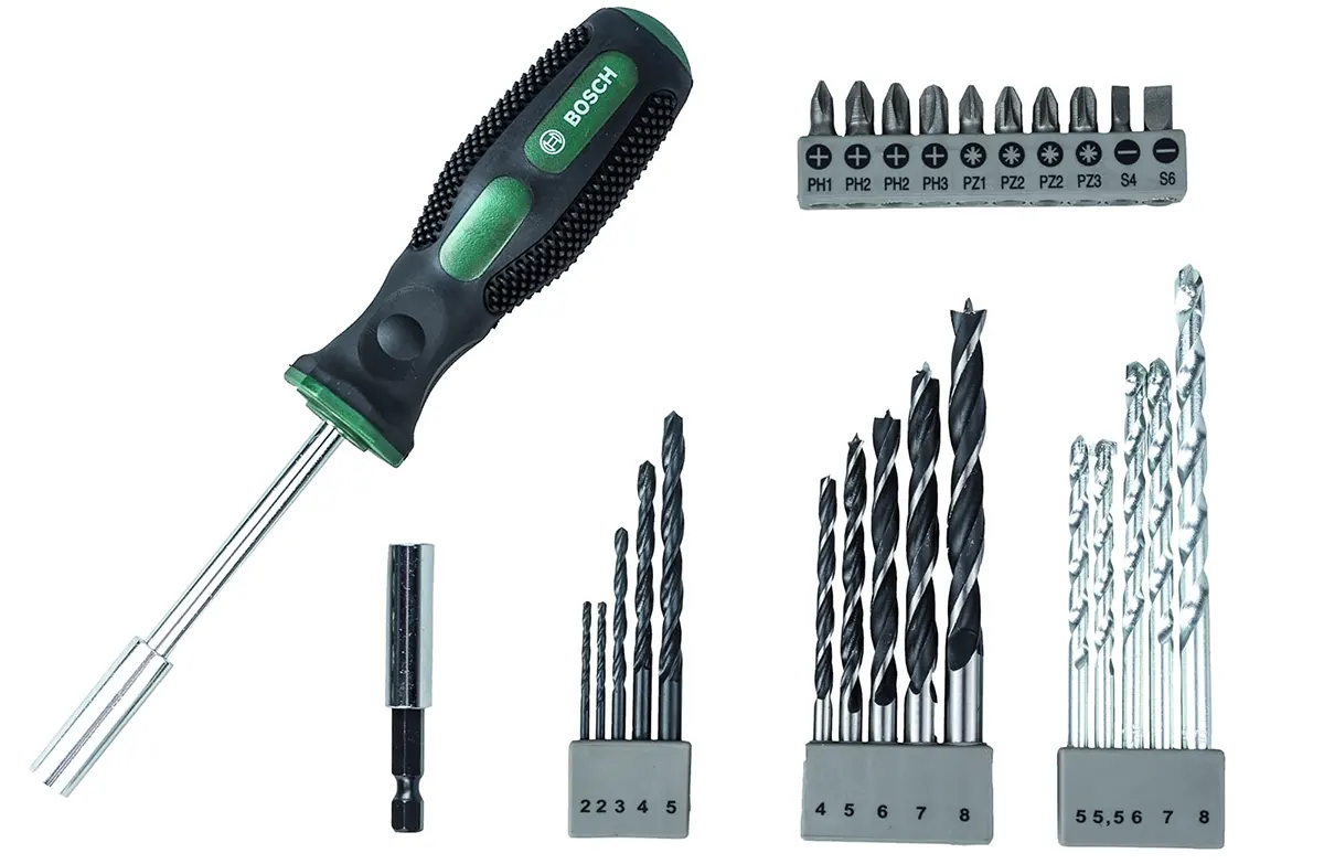 Set Bosch: destornillador, portapuntas, 10 puntas y 15 brocas