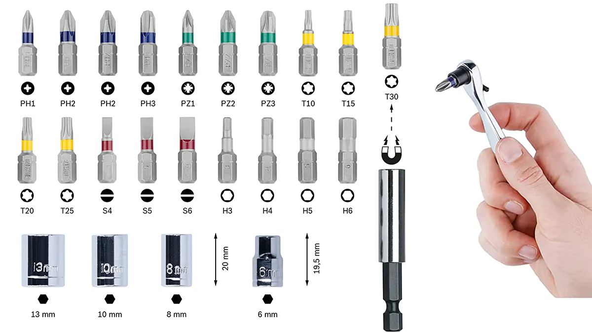 Bosch carraca compacta con 19 puntas y 4 vasos