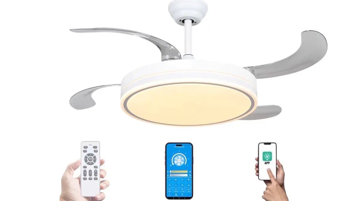 Lámpara ventilador aspas plegables, mando, tono ajustable
