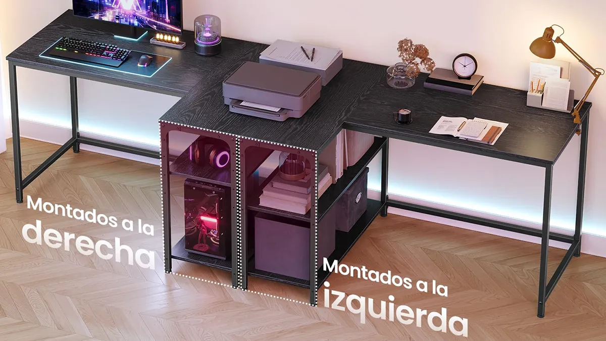 Escritorio en L con estantería con 2 baldas inferiores