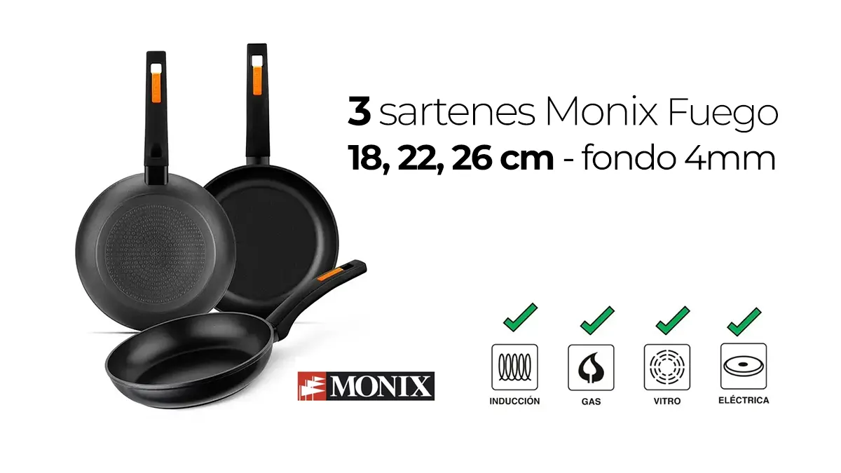 3 sartenes Monix Fuego: 18, 22 y 26 cm