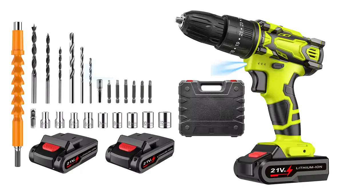 Taladro percutor atornillador inalámbrico 21V  +2 baterías y accesorios.