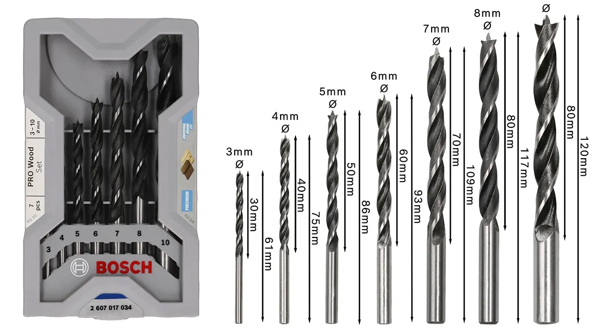 Juego de 7 brocas Bosch para madera - 3, 4, 5, 6, 7, 8 y 10