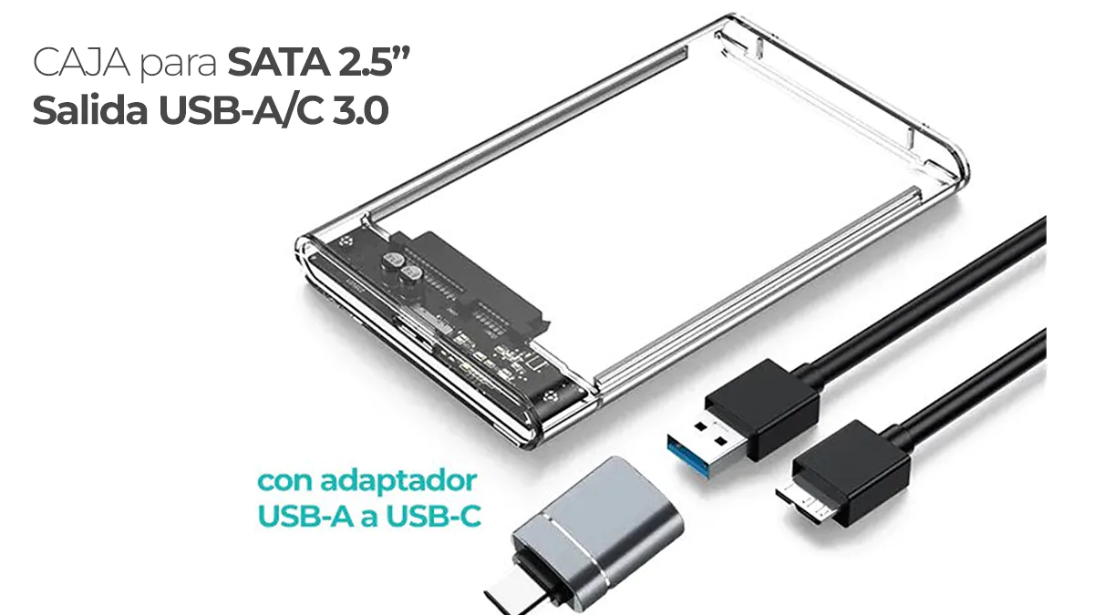 Carcasa para disco duro / SSD SATA 2.5"- USB 3.0 +  adaptador USB-C