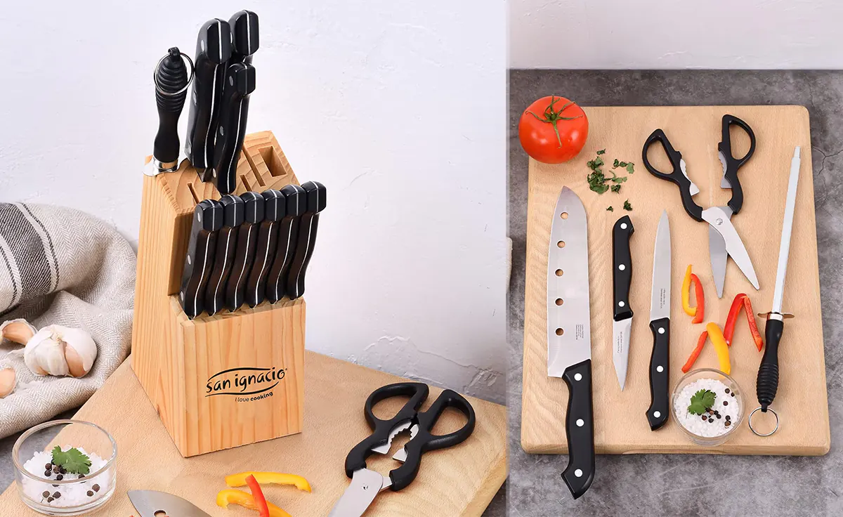 Juego de 12 cuchillos San Ignacio + soporte + tijeras y afilador
