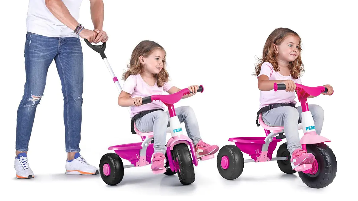 Triciclo infantil Feber con empujador regulable en altura y arnés - 1 a 3 años