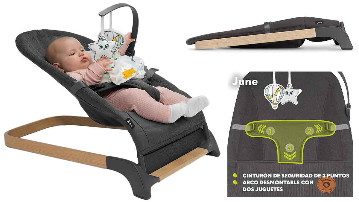 Hamaca para bebé con base estable efecto madera y con arnés