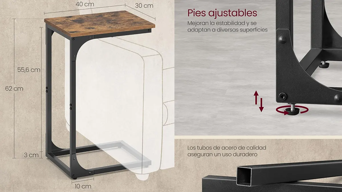 Mesa tipo C auxiliar para sofá o cama - 62cm de alto