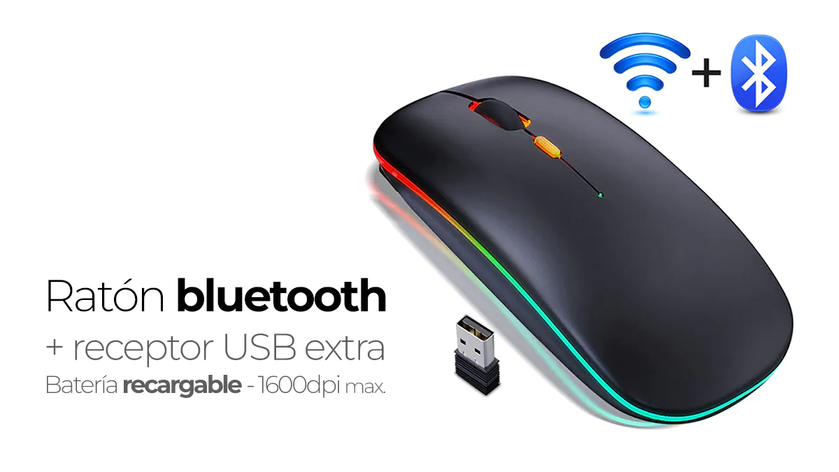 Ratón inalámbrico bluetooth con batería recargable y luz rgb