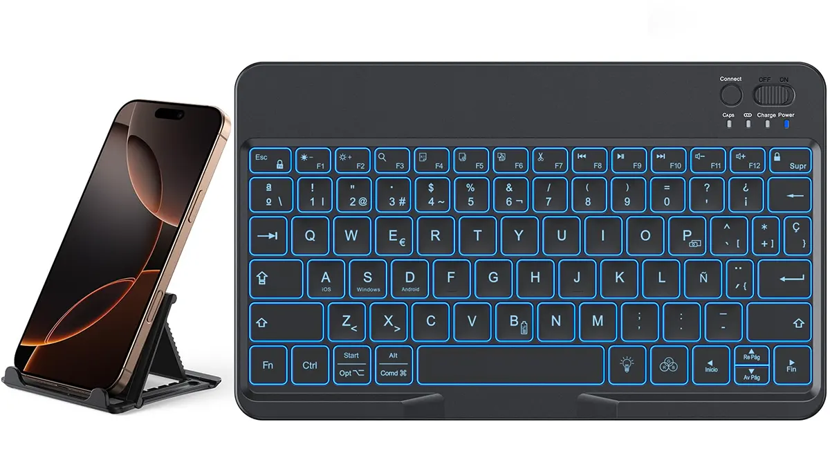 Teclado bluetooth retroiluminado con Ñ + soporte para móvil / tablet