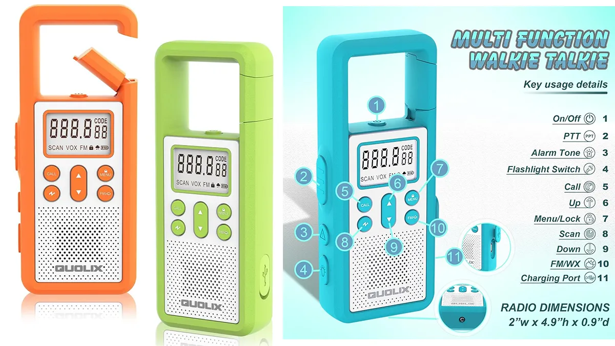 2 Walkie Talkies recargables con FM y antena en mosquetón