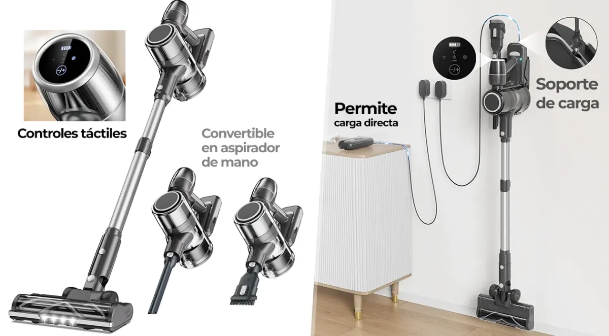 Aspirador escoba inalámbrico con rodillo motorizado y luz - 1h por carga max.