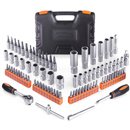 Juego de llaves de vaso con carraca, cardán, puntas de atornillar y extensiones